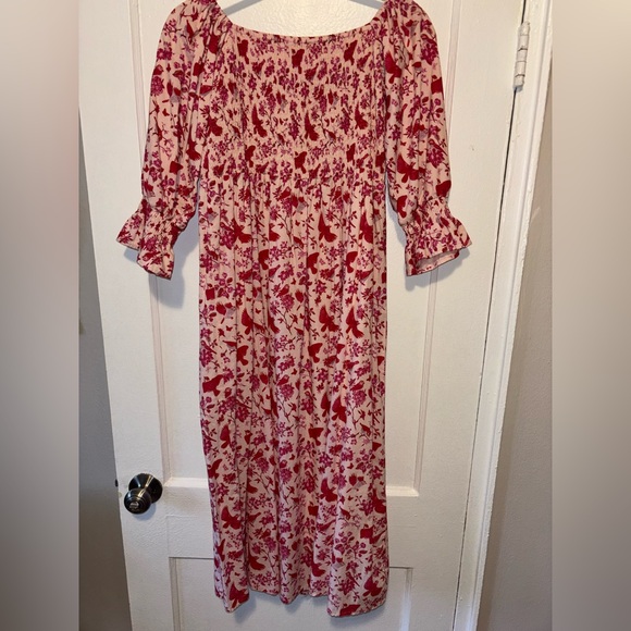 Victoria Dunn Songbird Smocked Floral Block Print Off Shoulder Midi M Cotton - Picture 6 of 6